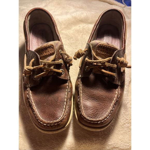 Sperry Top Sider Shoes Womens 8 Brown Leather & Plaid Canvas Slip On - Picture 1 of 5